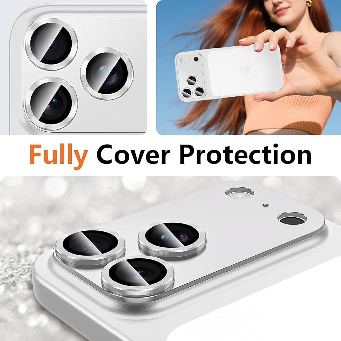 for iPhone 17 Pro Max Camera Lens Protector, [Military Grade Shatterproof] [Strong Adsorption] [Case Friendly] Full Coverage Metal Aluminum Alloy 9H Tempered Glass Camera Screen Cover, Slivery