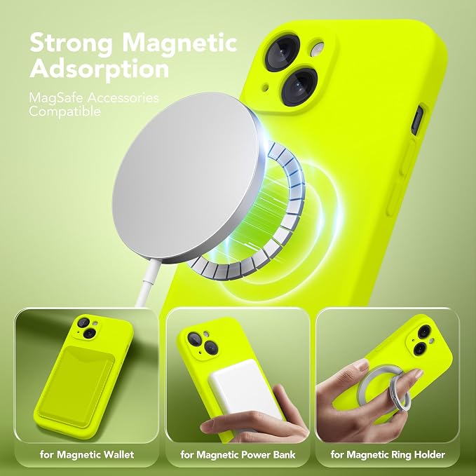 Magnetic for iPhone 15 Case, Compatible with MagSafe, [Screen Protector + Full Camera Protection], Silicone Shockproof Anti-Scratch Protective Phone Case for iPhone 15, Fluorescent Green