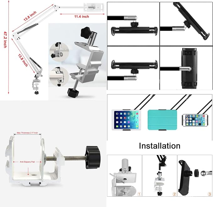 Heavy Duty Phone/Tablet Metal Holder Universal Mobile Cell Smartphone Mount Lazy Bracket 360° Rotation Gooseneck Clamp Stand Flexible Long Arm (White, 3-Section)