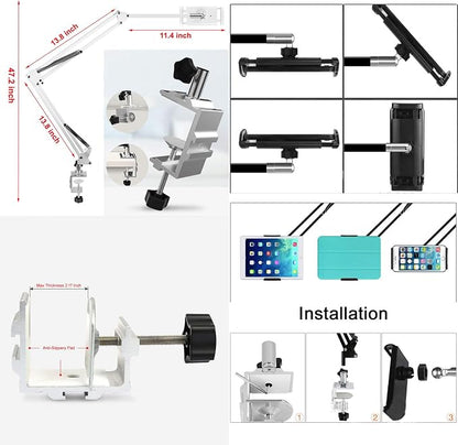Heavy Duty Phone/Tablet Metal Holder Universal Mobile Cell Smartphone Mount Lazy Bracket 360° Rotation Gooseneck Clamp Stand Flexible Long Arm (White, 3-Section)