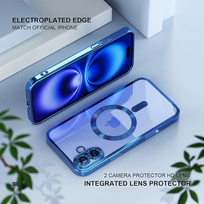 Misea Magnetic for iPhone 16 Plus Case Compatible with MagSafe [Never Yellowing] [Military Grade Drop Protection] Full Camera Lens Protector Plating Soft Clear Phone Case for Women 6.7", Deep Blue