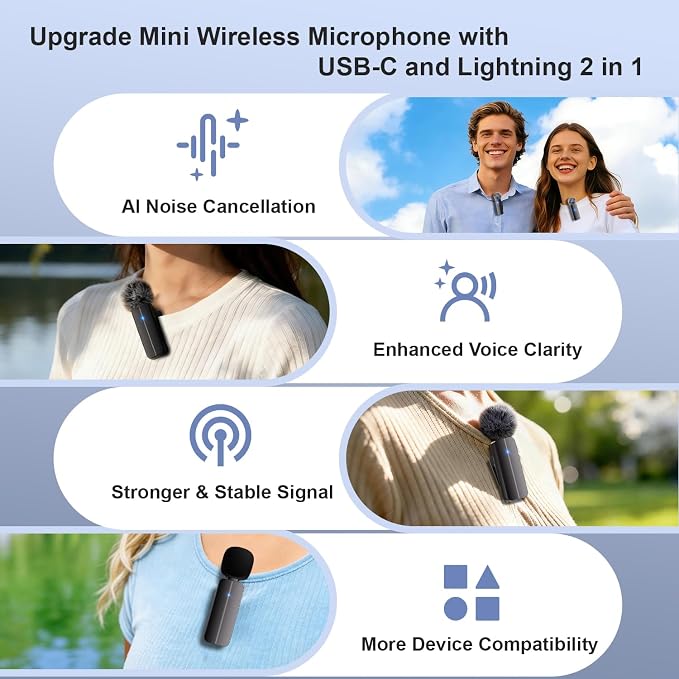 2-Pack Wireless Mini Lavalier Lapel Microphone for iPhone,Android Phone(2 in 1) - 65ft Cordless Clip on Dual Mics with Noise Reduction 6H Working Time for Video Recording Vlogging, YouTube
