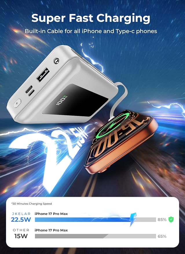 Portable Charger Power Bank, 50000mAh Travel Camping Essential Battery Pack with Built-in Cables, PD 22.5W Fast Charging, Ivory White
