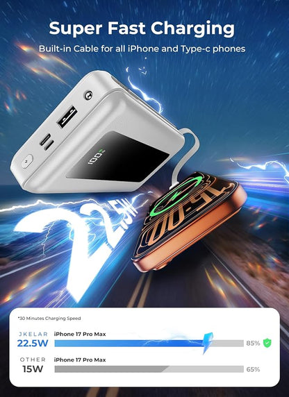 Portable Charger Power Bank, 50000mAh Travel Camping Essential Battery Pack with Built-in Cables, PD 22.5W Fast Charging, Ivory White