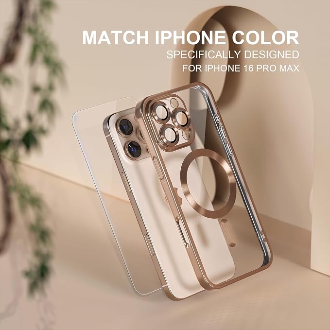 Misea Magnetic for iPhone 16 Pro Max Case Compatible with MagSafe [Never Yellowing] [Military Grade Drop Protection] Full Camera Lens Protector Plating Soft Clear Phone Case for Women 6.9", Desert