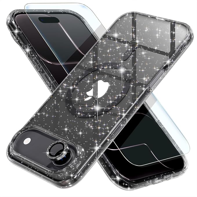 Choiche Magnetic for iPhone 17 Air Case Compatible with MagSafe, Women Cute Glitter Sparkly Phone Case with Diamond Camera Lens Protectors, Military-Grade Drop Protection 6.5" (Black)