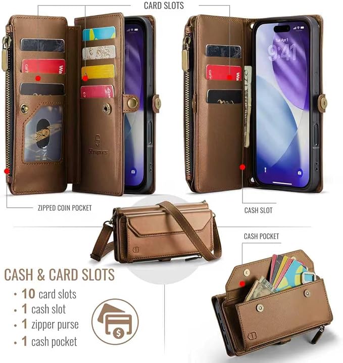 Strapurs Wallet Case Compatible with iPhone 17 Pro Max 6.9" RFID Blocking 10-Card Holder Soft PU Leather Magnetic Snap Shoulder Strap Zipper Pocket Phone Case Fit for iPhone 17 Pro Max - Brown