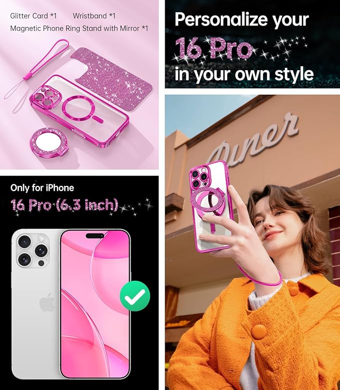 Meifigno Magnetic Case with Removable Phone Ring Stand for iPhone 16 Pro, [Glitter Card & Wrist Strap] [MagSafe Compatible] [Built in Mirror] Magnetic Phone Ring Holder + 16 Pro Case Kit, Hot Pink