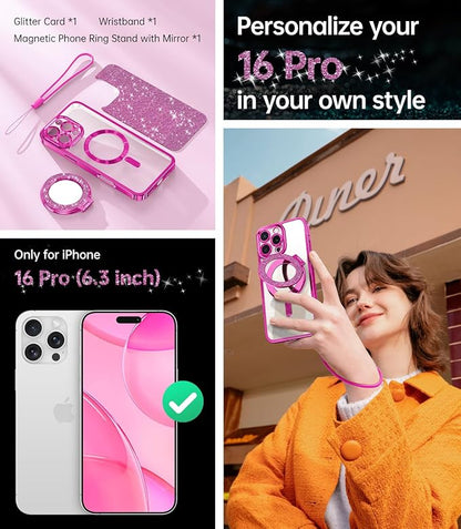 Meifigno Magnetic Case with Removable Phone Ring Stand for iPhone 16 Pro, [Glitter Card & Wrist Strap] [MagSafe Compatible] [Built in Mirror] Magnetic Phone Ring Holder + 16 Pro Case Kit, Hot Pink