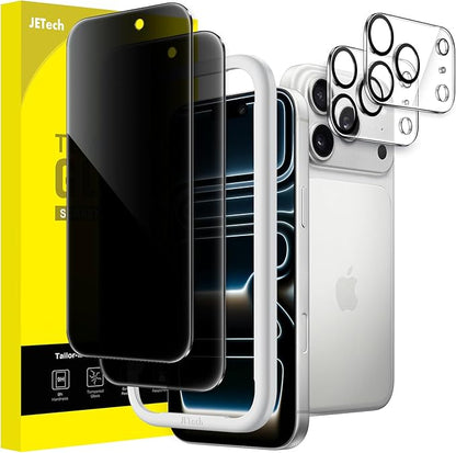 JETech Privacy Screen Protector for iPhone 17 Pro 6.3-Inch with Camera Lens Protector, Anti-Spy Tempered Glass Film, Easy Installation Tool, 2-Pack Each