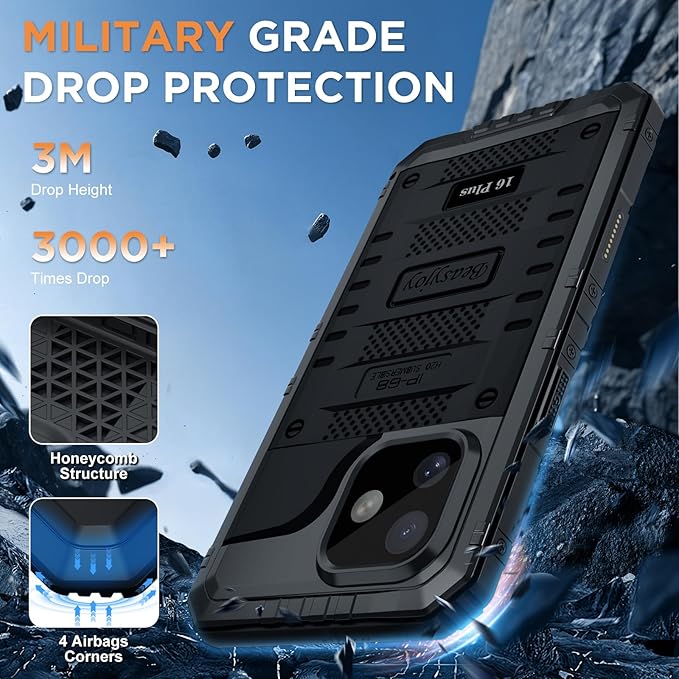 Beasyjoy for iPhone 16 Plus Case Waterproof, Metal Heavy Duty Full Body Protective Case with Built-in Screen Protector, Military Grade Shockproof Defender Cover for iPhone 16 Plus 6.7", Black