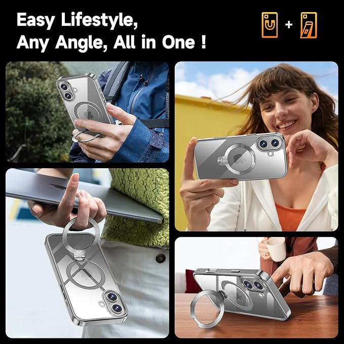 [Tri-Shield Protection] for iPhone 16 Plus Case with 360° Spin Stand Compatible with MagSafe [Magnetic CD Ring][Screen & Camera Lens Protector]Shockproof Plating Never-Yellowing, Natural Titanium-6.7"
