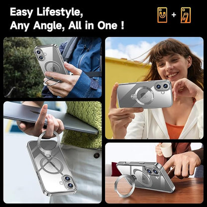 [Tri-Shield Protection] for iPhone 16 Case with 360° Spin Stand Compatible with MagSafe [Magnetic CD Ring] [Screen & Camera Lens Protector] Shockproof Plating Never-Yellowing, Natural Titanium-6.1"