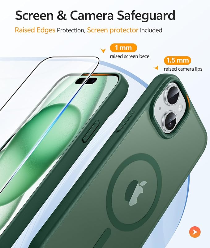 FNTCASE for iPhone 15 Case: for iPhone 14 Case & iPhone 13 Case [Compatible with Magsafe] Translucent Matte Cases with [Screen Protector] Military Grade Shockproof Protective Phone Cover - Green