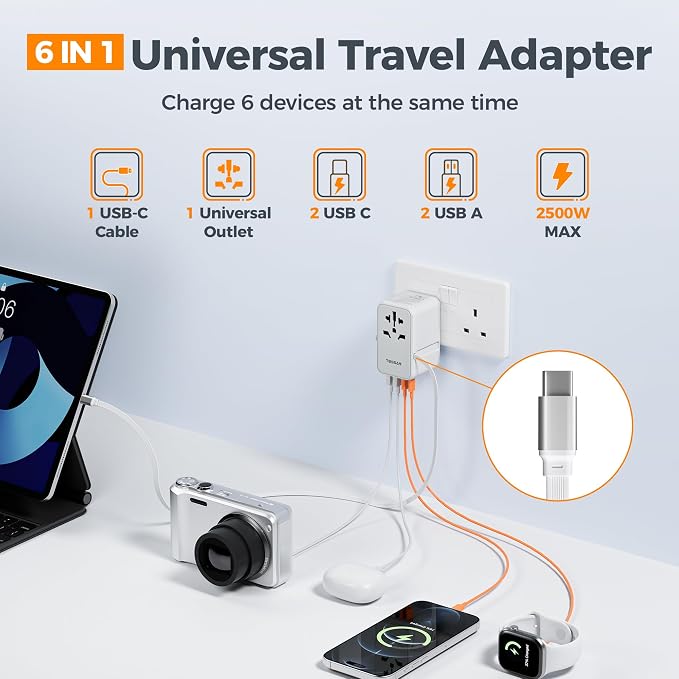 TESSAN Universal Travel Adapter PD 35W GaN | Built-in Retractable USB C Cable, 6 in 1 Worldwide, 4 USB Ports, US to Europe UK AUS, Type C G A I