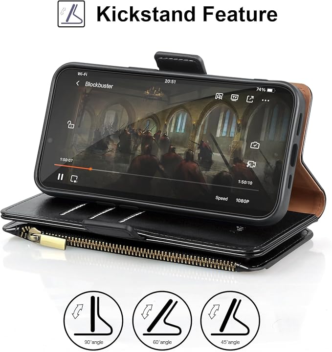 Antsturdy Compatible with iPhone 14 Wallet Case RFID Blocking,PU Leather Phone Case Women Men Flip Shockproof Cover with Wrist Strap Zipper Pocket Credit Card Holder Slots,for Apple 14 6.1" Black