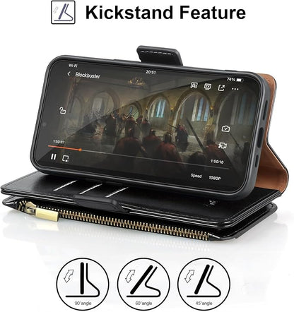 Antsturdy Compatible with iPhone 14 Wallet Case RFID Blocking,PU Leather Phone Case Women Men Flip Shockproof Cover with Wrist Strap Zipper Pocket Credit Card Holder Slots,for Apple 14 6.1" Black
