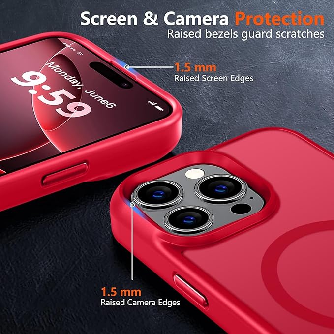 MOCCA Strong Magnetic for iPhone 16 Pro Max Phone Case, [Compatible with Magsafe][16FT Mil-Grade Drop Protection] Slim Thin Translucent Matte Protective Cover Case for iPhone 16 Pro Max Case, Red