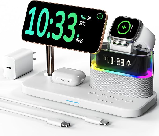 Compatible with Qi2 Certified Wireless Charging Station with Alarm Clock and Night Light,15W Fast 5 in 1 Mag-Safe Charger Stand for iPhone 16 15 14 13 12 Pro Max,Apple Watch,Air-Pods(White)