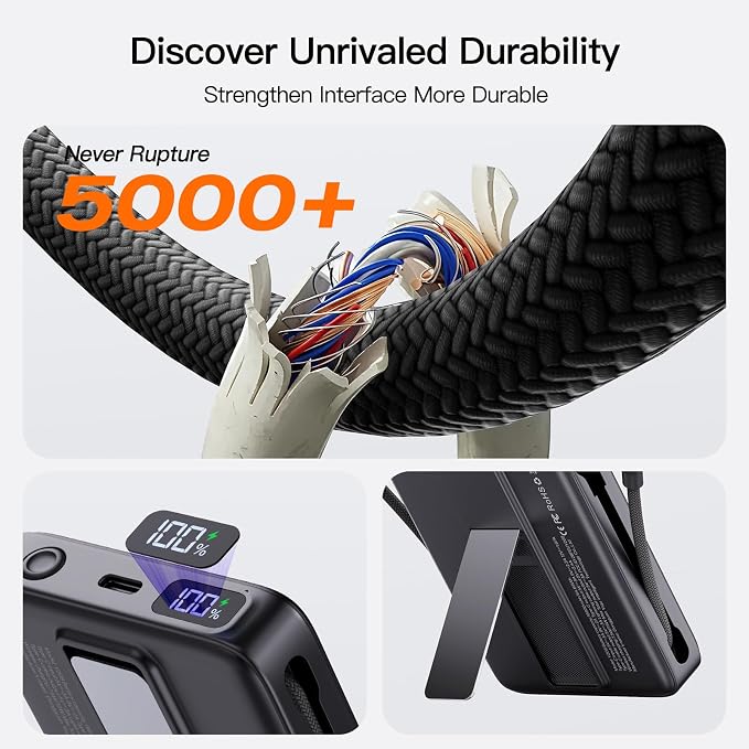 No More Forget Cables! 10000mAh Ultra Slim Magnetic Power Bank, Built-in USB-C & iPhone Cable, 20W Portable Charger with Foldable Stand, for iPhone 17/16/15/14/13/12 Series