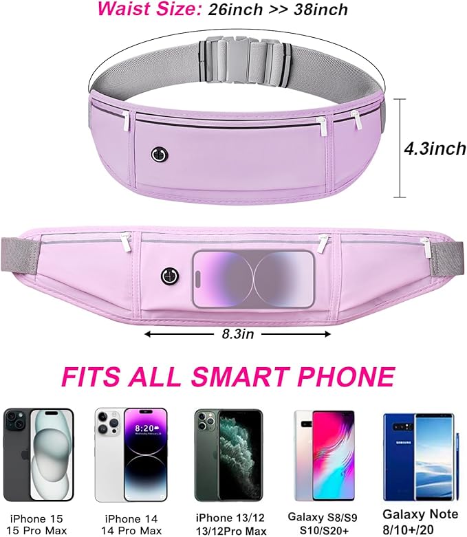 Slim Running Belt for Women Men,Runners Fanny Pack Phone Holder,Money Belt,Running Gear Accessories,with 3 Pockets (Purple)