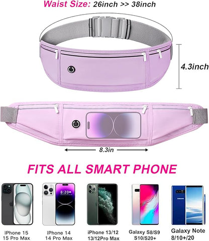 Slim Running Belt for Women Men,Runners Fanny Pack Phone Holder,Money Belt,Running Gear Accessories,with 3 Pockets (Purple)