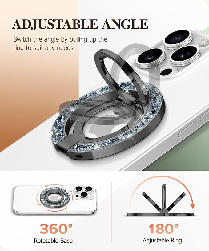 GVIEWIN Magnetic Phone Ring Holder, Compatible with MagSafe Phone Grip with Adjustable Stand, Magnet Phone Ring Kickstand for iPhone 17/16/15/14/13/12 Pro Max Plus Air/Other Phones (Glitter/Black)