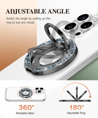 GVIEWIN Magnetic Phone Ring Holder, Compatible with MagSafe Phone Grip with Adjustable Stand, Magnet Phone Ring Kickstand for iPhone 17/16/15/14/13/12 Pro Max Plus Air/Other Phones (Glitter/Black)