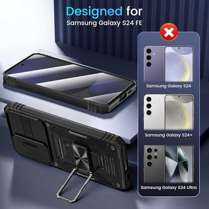 Caka for Samsung Galaxy S24 FE Case [HD Screen Protector] [Full Camera Lens Cover] [360°Rotated Kickstand Ring] [Heavy Duty Protection] Hard Rugged Protective Phone Cover for S24 FE - Black