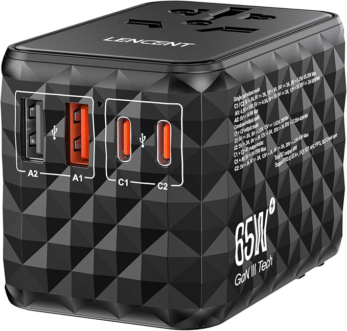 LENCENT 65W Universal Travel Adapter, GaN International Fast Charger | 2 USB-A &2 USB-C Power Plug Converter, Power Outlet Adapter for Phones,Laptops, All in One Travel Essentials for EU/USA/UK/AU