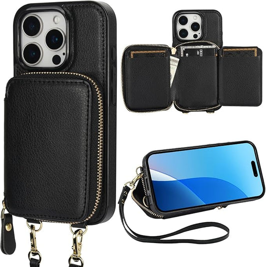 Bocasal RFID Blocking Wallet Case for iPhone 16 Pro, Adjustable Crossbody Zipper Purse Case Card Holder with Kickstand Detachable Wrist Strap, PU Leather Flip Folio Case 6.3 Inch 5G (Black)