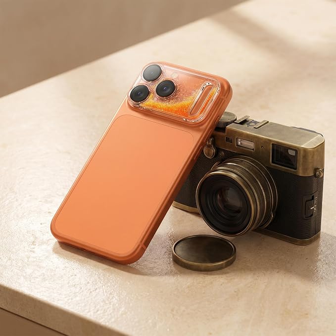 HANKN Quicksand Lens for iPhone 17 Pro Camera Lens Tempered Glass Protector, Ultra HD Clear 9H Hardness Anti-Scrach Dynamic Liquid Glitter Sand Cute Cover Strong Adsorption Case Friendly (Orange, iPhone 17 Pro)