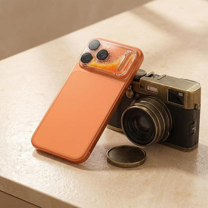 HANKN Quicksand Lens for iPhone 17 Pro Camera Lens Tempered Glass Protector, Ultra HD Clear 9H Hardness Anti-Scrach Dynamic Liquid Glitter Sand Cute Cover Strong Adsorption Case Friendly (Orange, iPhone 17 Pro)