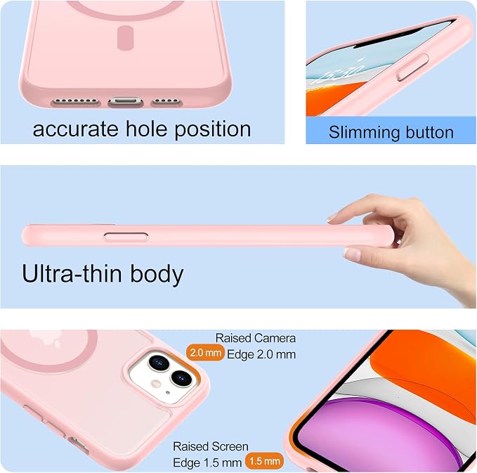 Pilaru for iPhone 11 Case & iPhone XR Case [Compatible with Magsafe] Translucent Matte Magnetic Case with Screen Protector,SlimThin Shockproof Protective Cover for iPhone 11 & iPhone XR-Pink
