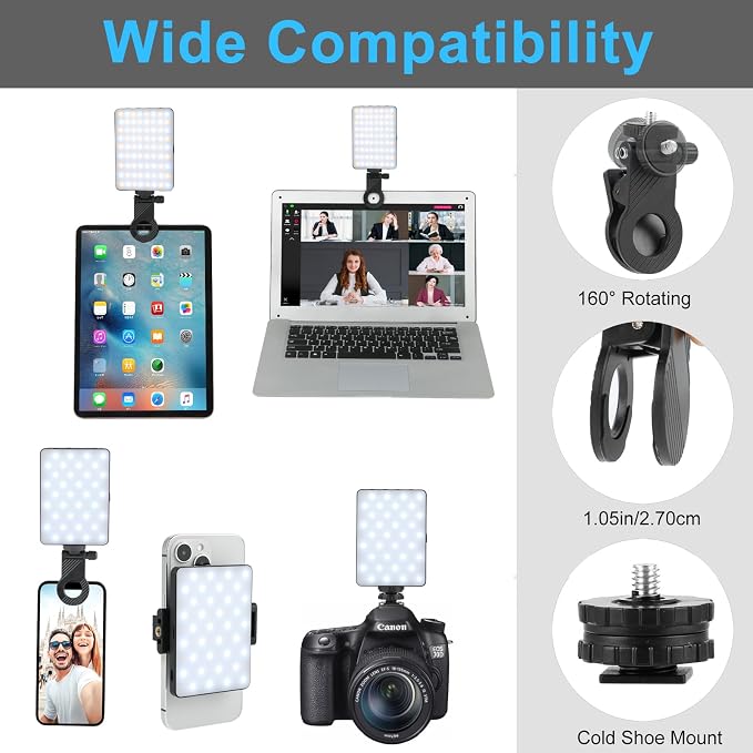 Selfie Phone Light with Front & Back Clips, LED Video Light Photography Lighting Lamp with 3 Light Modes for iPhone Computer Laptop Cameras Vlogging Makeup Tiktok