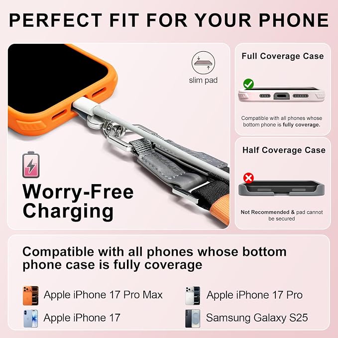 Phone Lanyard Crossbody with 2 Phone Tabs, Adjustable Anti Theft Phone Strap for iPhone & Android, Universal Skin-Friendly Cell Phone Neck Lanyard for Travel Hiking Cycling Shopping (Black)