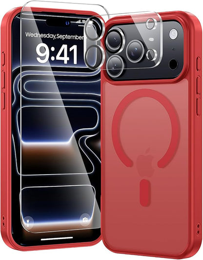 3 in 1 for iPhone 17 Pro Case Matte Red,Fits MagSafe, Screen Protector*1 Camera Lens Protector*1,Matte Skin Feeling Back, Cover Military-Grade Protection