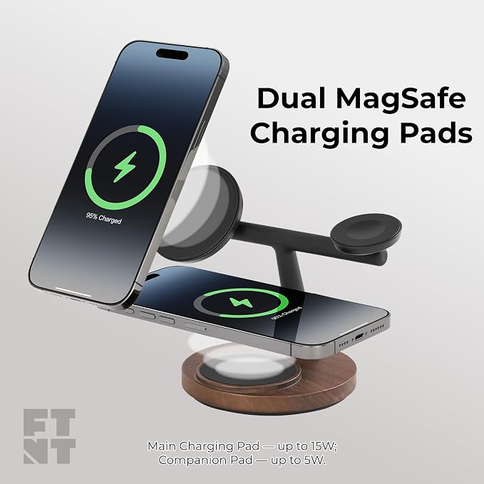 ZenStand Magnetic Wireless Charger, Compatible with iPhone & Apple Watch, Compatible with MagSafe, Walnut Wood Design, 15W Max, Soft-Touch, Wireless Charging Station (Bundle with 30W Adapter & Cable)