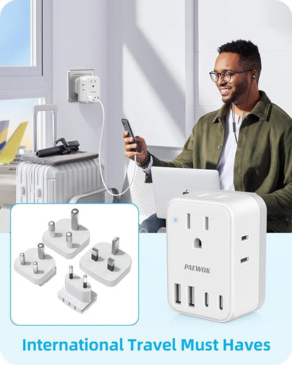 PAEWOK Travel Adapter Set, European Plug Adapter, Universal Travel Adapter | US to UK/EU/South Africa/India, Type G/C/M/D Detachable Plug, 4 AC Outlets 4 USB Ports (2 USB C)