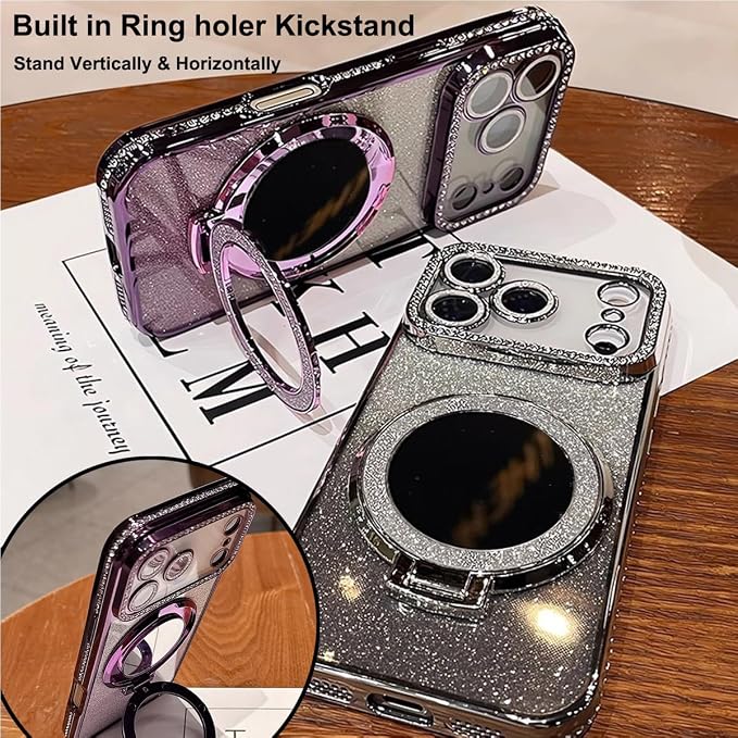 for iPhone 17 Pro Magnetic KickStand, [Compatible with Magsafe] Shockproof Glitter Makeup Mirror Ring Holder Camera Protector Girls Woman Cute Bling Phone Cover for iPhone 17 Pro 6.3", Orange