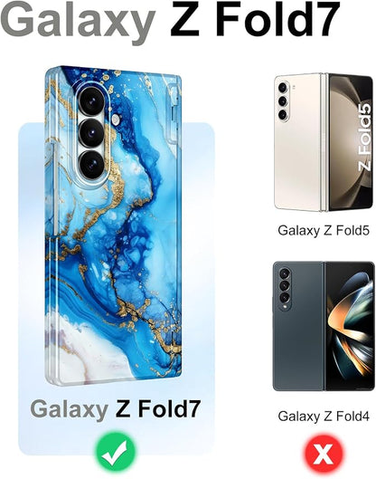 Btscase for Samsung Galaxy Z Fold 7 Case,Built in Front Screen Protector,Gold Glitter Marble Pattern Hard PC Slim Shockproof Full Body Drop Protective Case for Galaxy Z Fold 7 5G, Blue