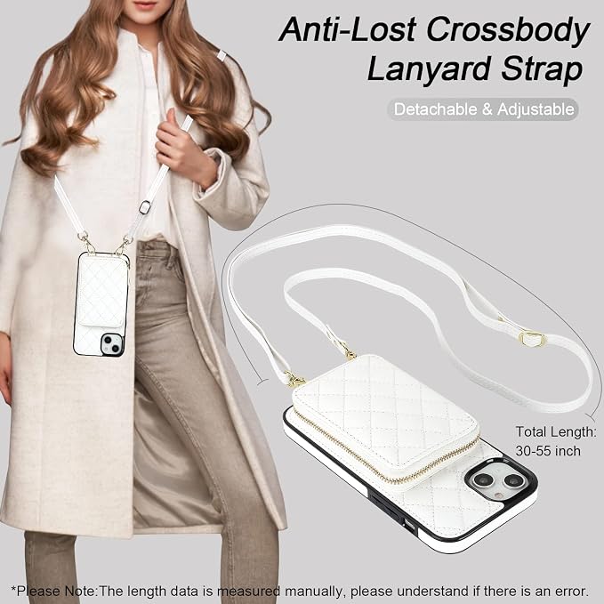 Bocasal Crossbody Wallet Case for iPhone 14 Plus, RFID Blocking PU Leather Zipper Handbag Purse Flip Cover, Kickstand Folio Case with Card Slots Holder Wrist Strap Lanyard 5G 6.7 Inch (White)