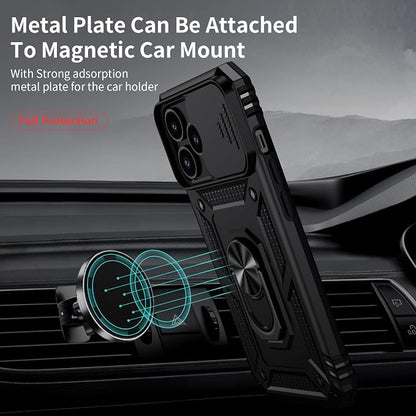 Vinve for iPhone 14 Pro Max Case with Slide Lens Cover HD Screen Protector, Military Grade Drop Protection, Magnetic Rotated Ring Holder Kickstand Protective Phone Case (Black)