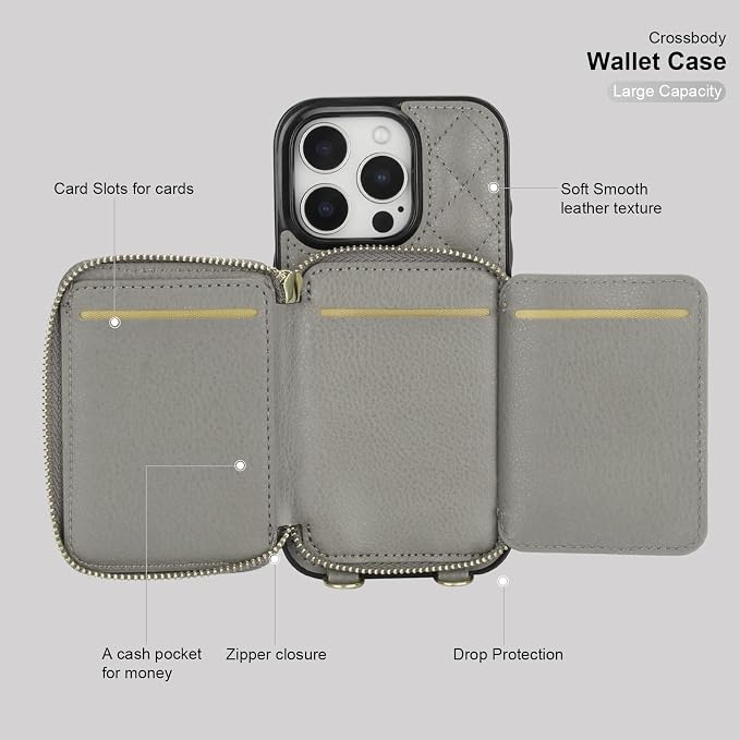 Bocasal Crossbody Wallet Case for iPhone 16 Pro, RFID Blocking PU Leather Zipper Handbag Purse Flip Cover, Kickstand Folio Case with Card Slots Holder Wrist Strap Lanyard 5G 6.3 Inch (Grey)