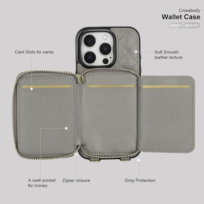 Bocasal Crossbody Wallet Case for iPhone 16 Pro, RFID Blocking PU Leather Zipper Handbag Purse Flip Cover, Kickstand Folio Case with Card Slots Holder Wrist Strap Lanyard 5G 6.3 Inch (Grey)