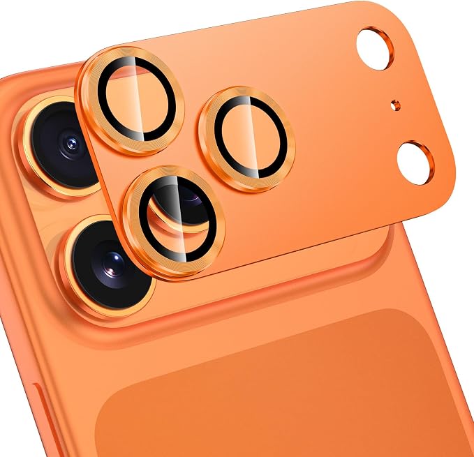 for iPhone 17 Pro Camera Lens Protector, [Military Grade Shatterproof] [Strong Adsorption] [Case Friendly] Full Coverage Metal Aluminum Alloy 9H Tempered Glass Camera Screen Cover, Orange