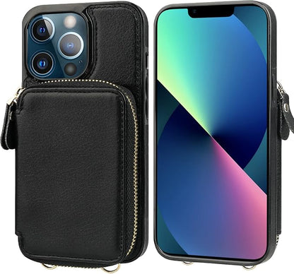 Bocasal RFID Blocking Wallet Case for iPhone 13 Pro Max, Adjustable Crossbody Zipper Purse Case Card Holder with Kickstand Detachable Wrist Strap, PU Leather Flip Folio Case 6.7 Inch 5G (Black)