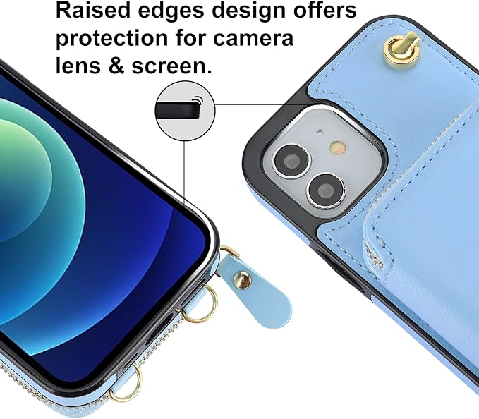 Bocasal Crossbody Wallet Case for iPhone 12/12 Pro, RFID Blocking Leather Purse Case with Card Holder, Protective Handbag Flip Cover with Zipper Wrist Strap Lanyard for Women 5G 6.1 Inch (Blue)