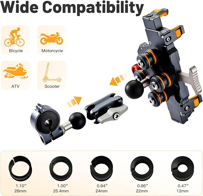 Aluminum Motorcycle Cell Phone Mount with Vibration Dampener, M1 Anti-Theft MTB Phone Mount for Motorcycle ATV Bike UTV Scooter, ATV Phone Holder Fit 6.1"-7.2" Phone, High-Speed Secure Lock