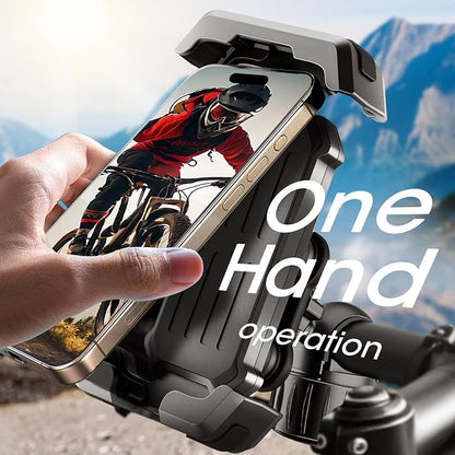 Mountain Bike Phone Mount: Heavy-Duty Anti-Shake Lock Holder – One-Hand Quick Release Cradle with Silicone Corners for MTB Trail Cyclists & Off-Road Riders – Fits iPhone Android 4.7-7in